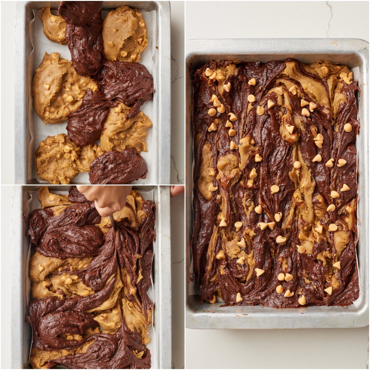 Add batter to pan and swirl: Alternate adding dollops of brownie and blondie batter into the prepared pan, then take a thin knife and zig-zag it through the batters once in each direction to swirl them. Top with the remaining ¼ cup (1½ oz/43 g) of butterscotch chips.