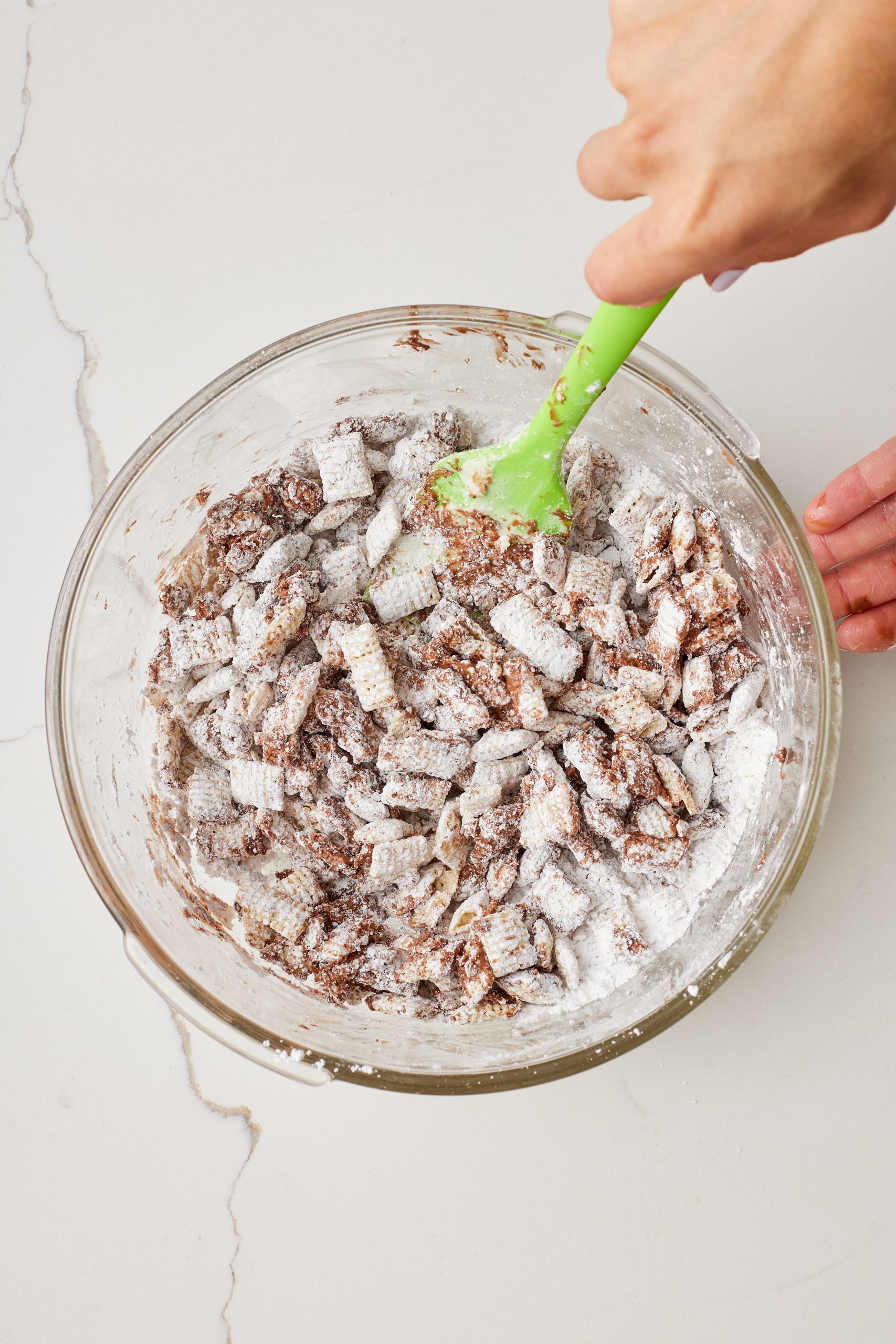 Cookies and cream muddy buddiesSTEP4 Add the Chex cereal, powdered sugar and salt to melted semi-sweet chocolate and stir to coat completely.