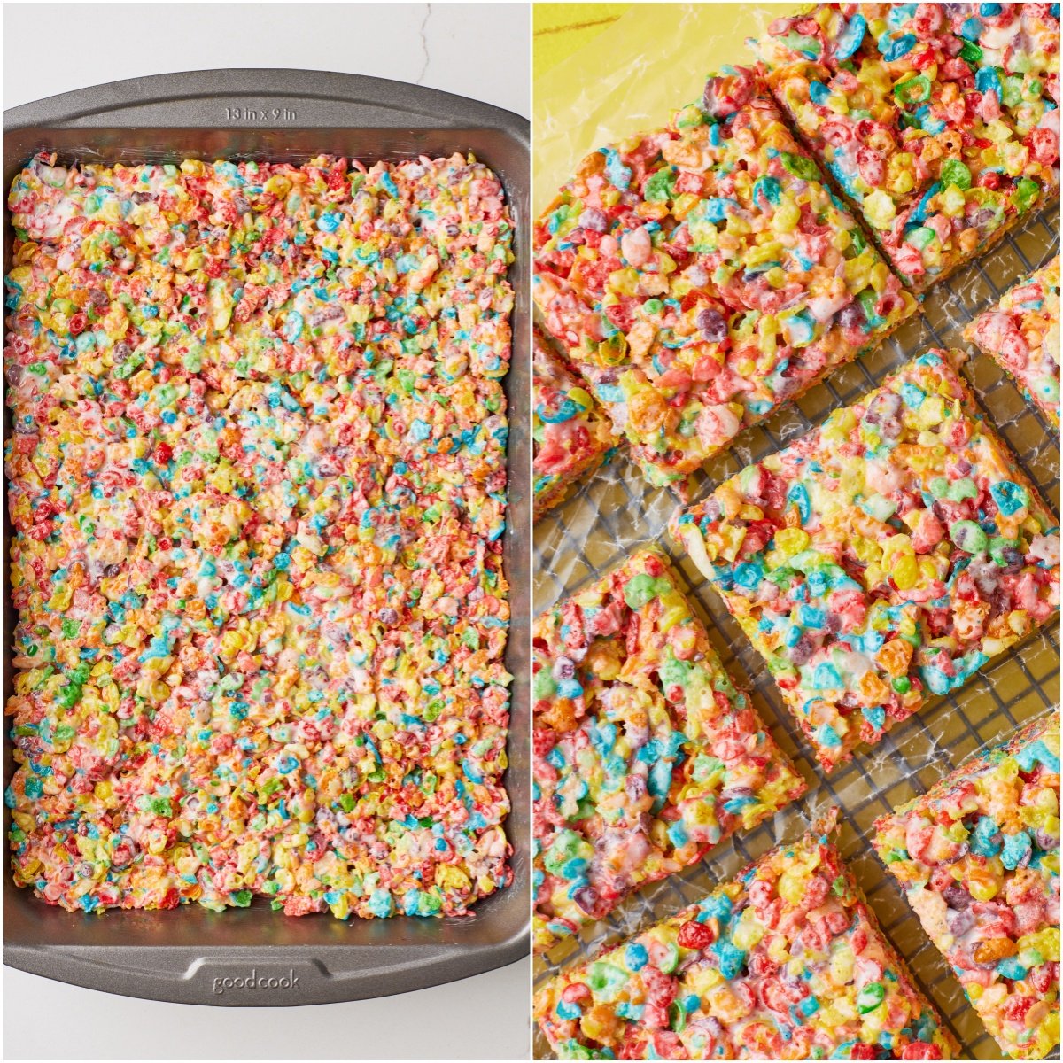 Place the rice crispy treats on the counter for 30 minutes to set. Cut into 12 squares.