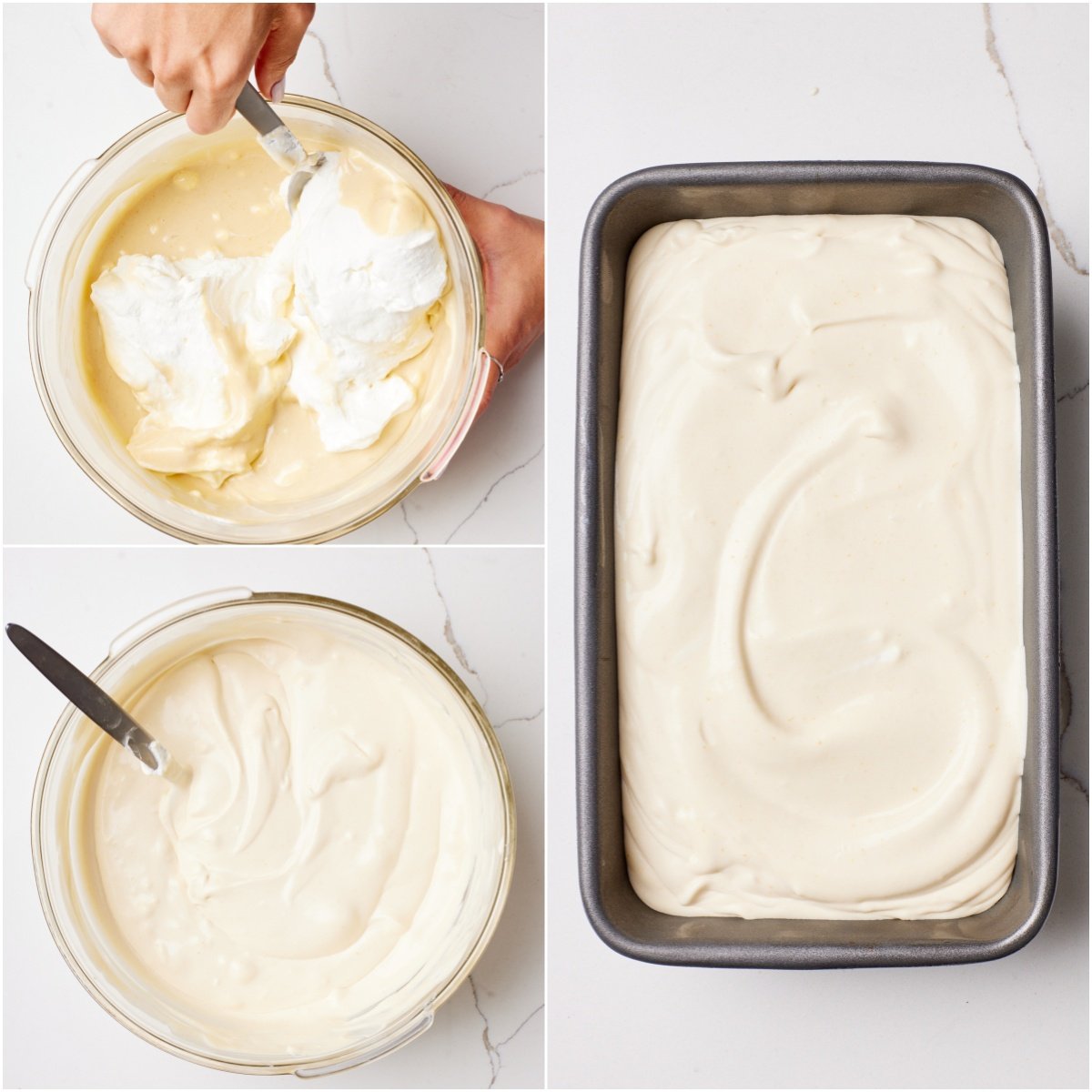 Fold in whipped cream and transfer to a loaf tin to freeze. 