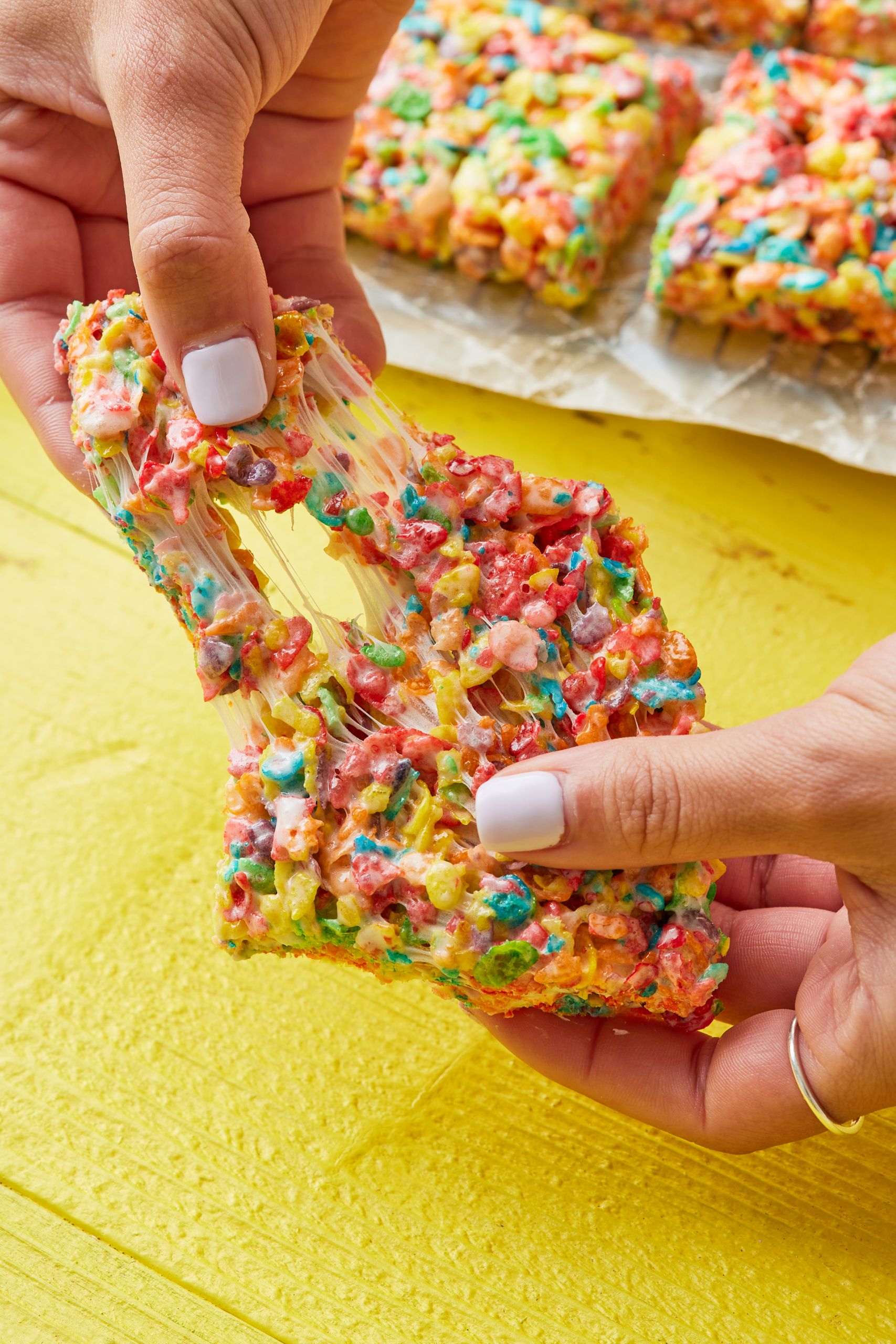 One slice of Rice crispy treat with gooey stretch marshmallow