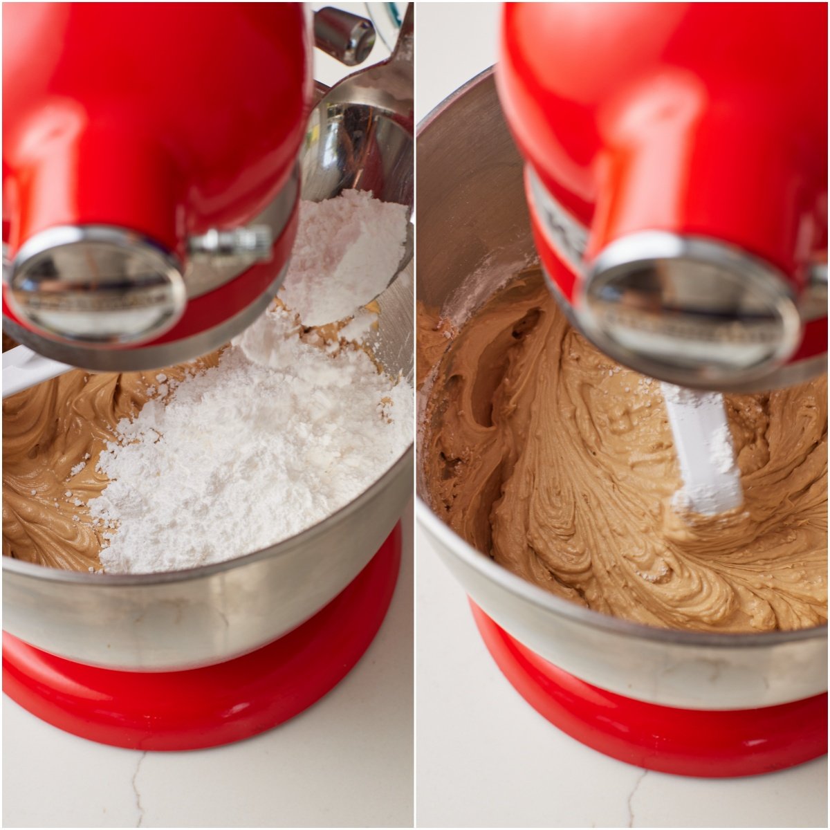 Step-by-step instructions on how to make Biscoff Buttercream: Turn the speed to medium-low and gradually add the sifted powdered sugar, a tablespoon at a time, until fully incorporated.