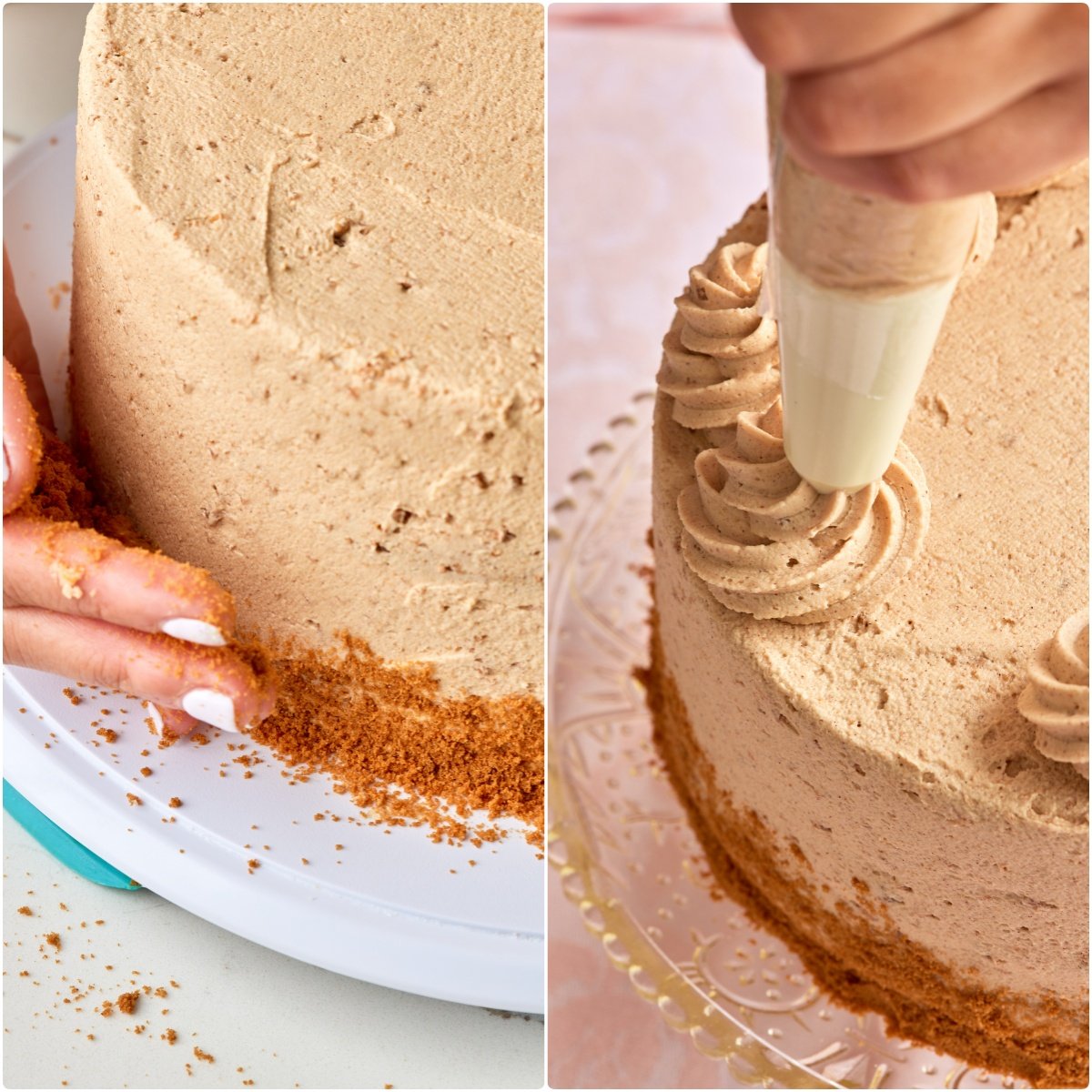 Press cookie crumb onto the coating and decorate the top with rosette of cookie butter.