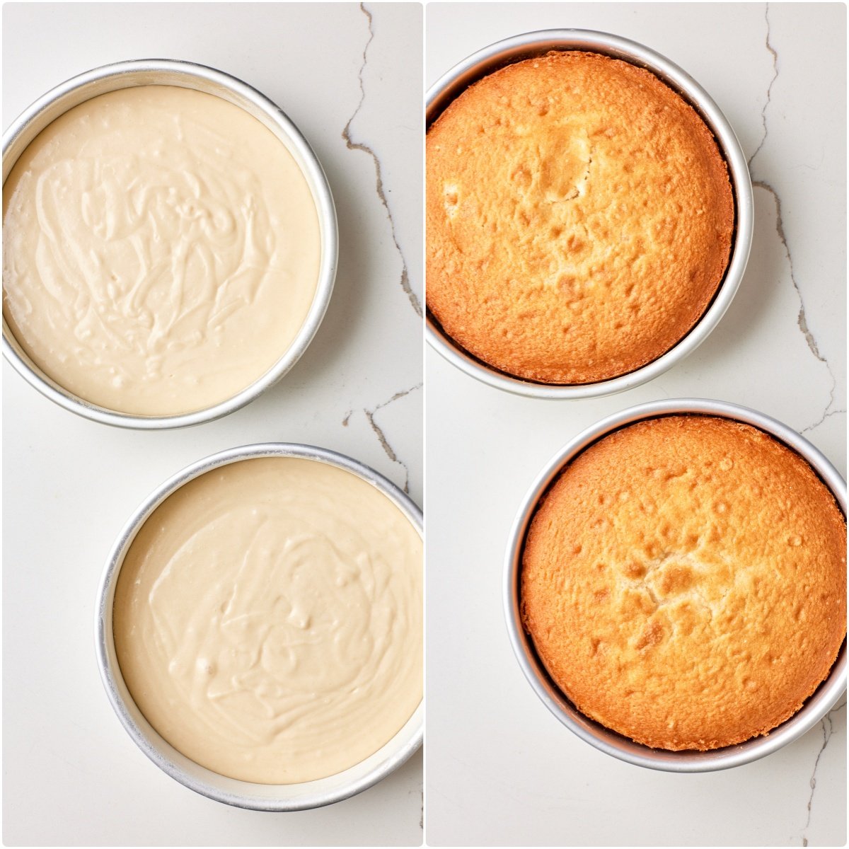 Divide the batter into two cake pans and bake until golden brown