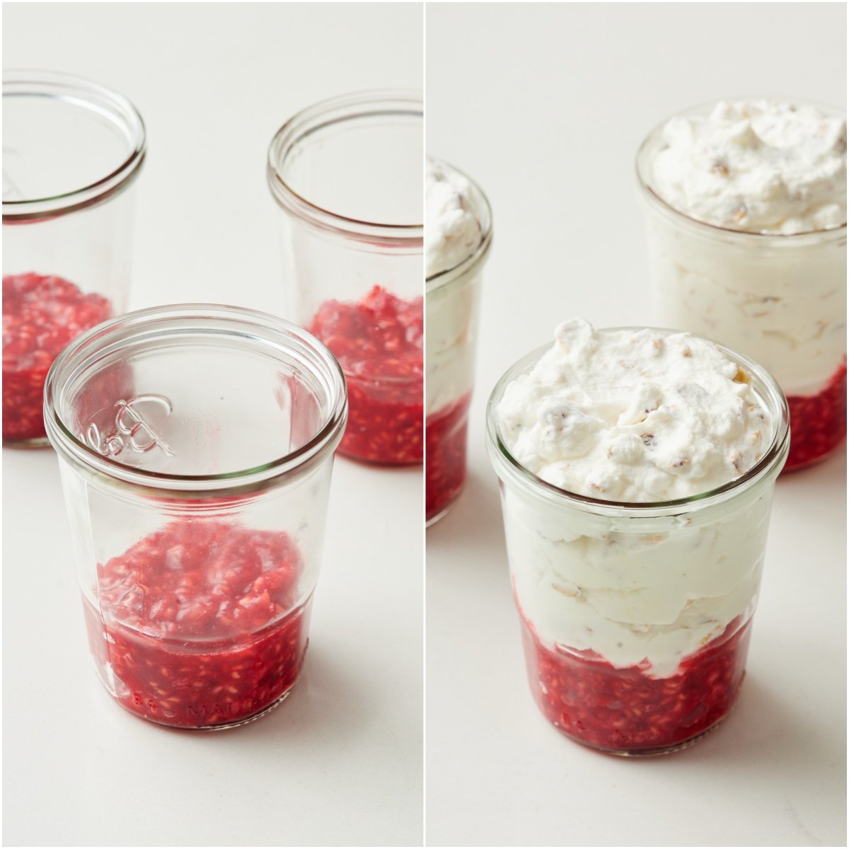 Assemble cranachan: put raspberries at the bottom, fill with whiskey honey whipped cream.