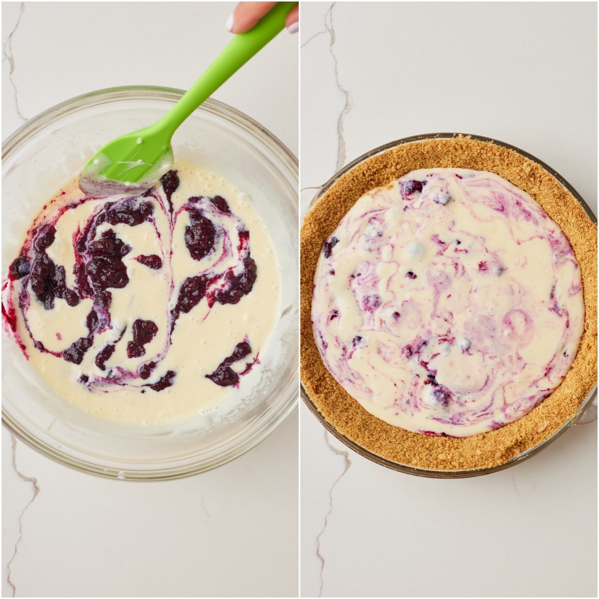 Step-by-step instructions on how to make a lemon blueberry pie: Swirl in blueberry filling and pour the mixture into the crust. 