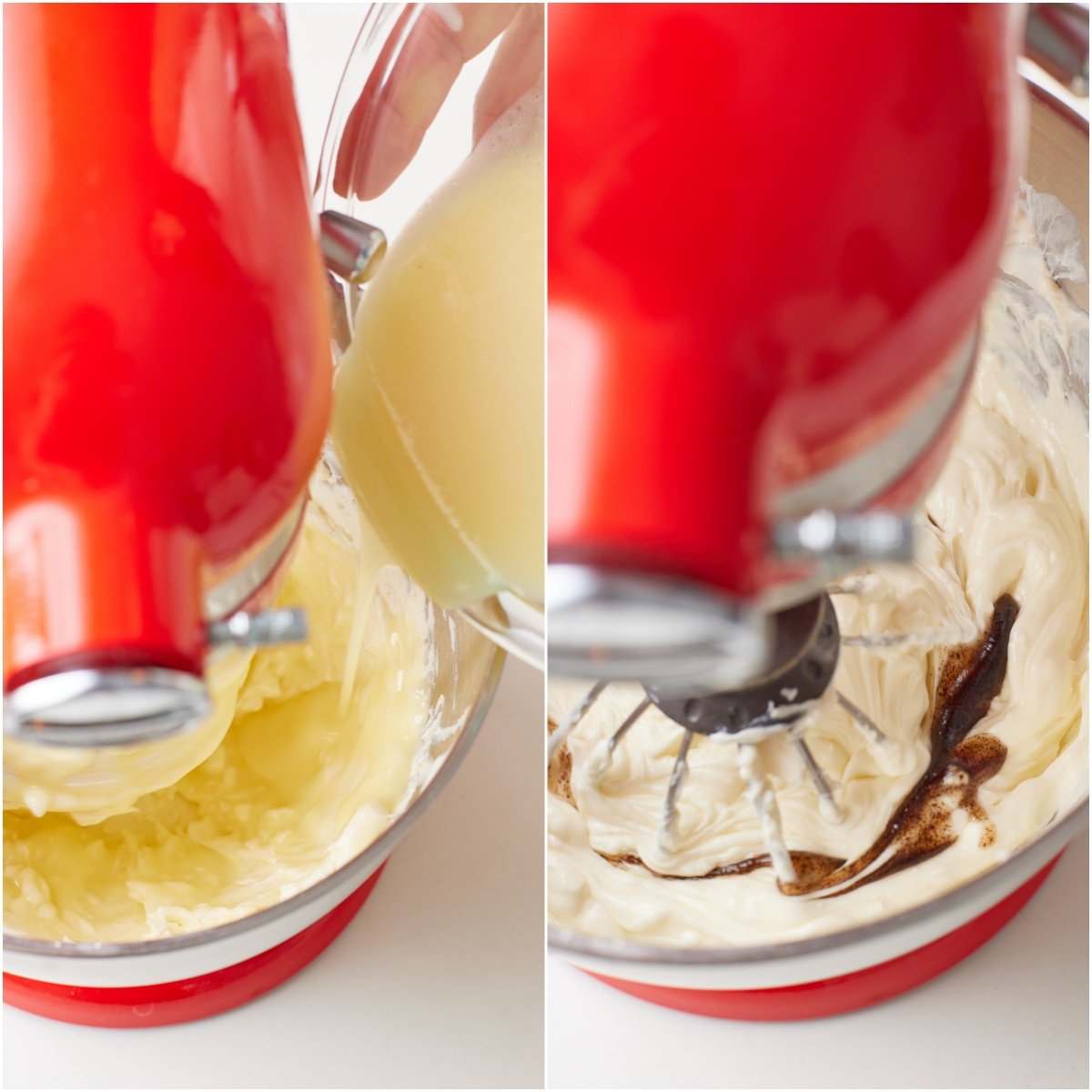 Add in white chocolate mixture until incorporated then add vanilla bean paste.