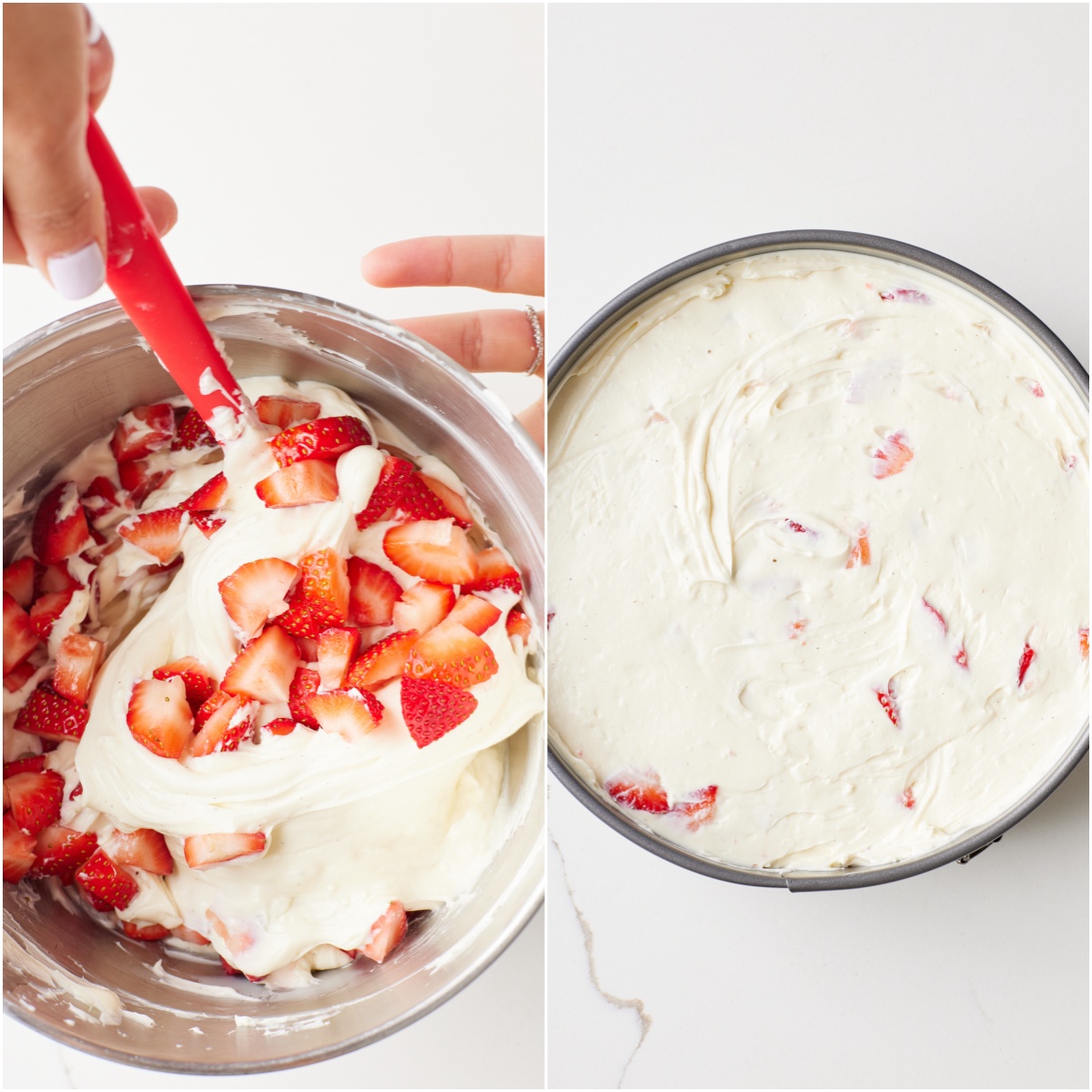 Fold in strawberries then pour the mixture into the crust 