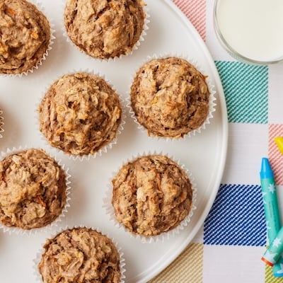 Top-down view of ABC muffins on a plate.