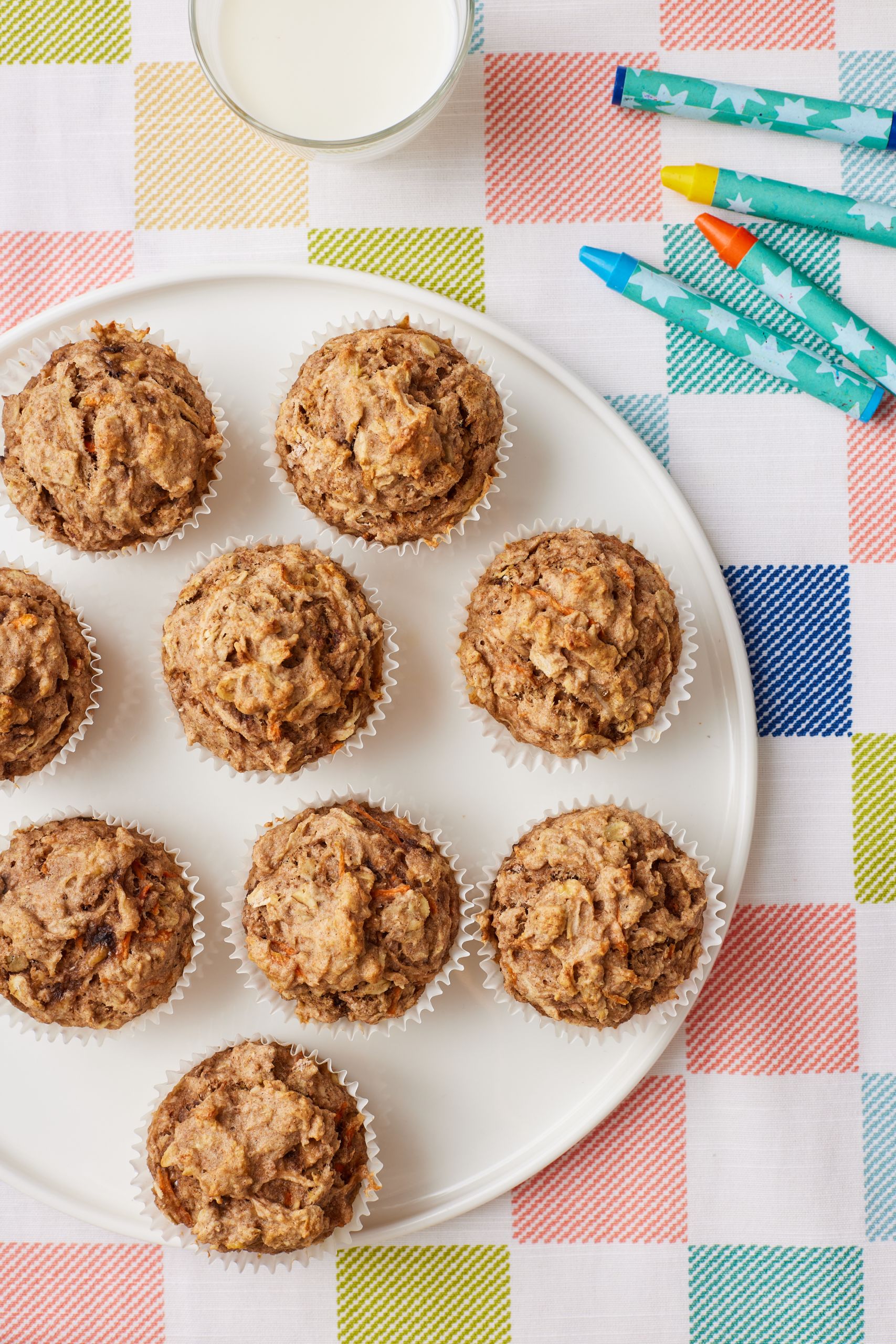 Top-down view of ABC muffins on a plate. Milk is served on the side. 