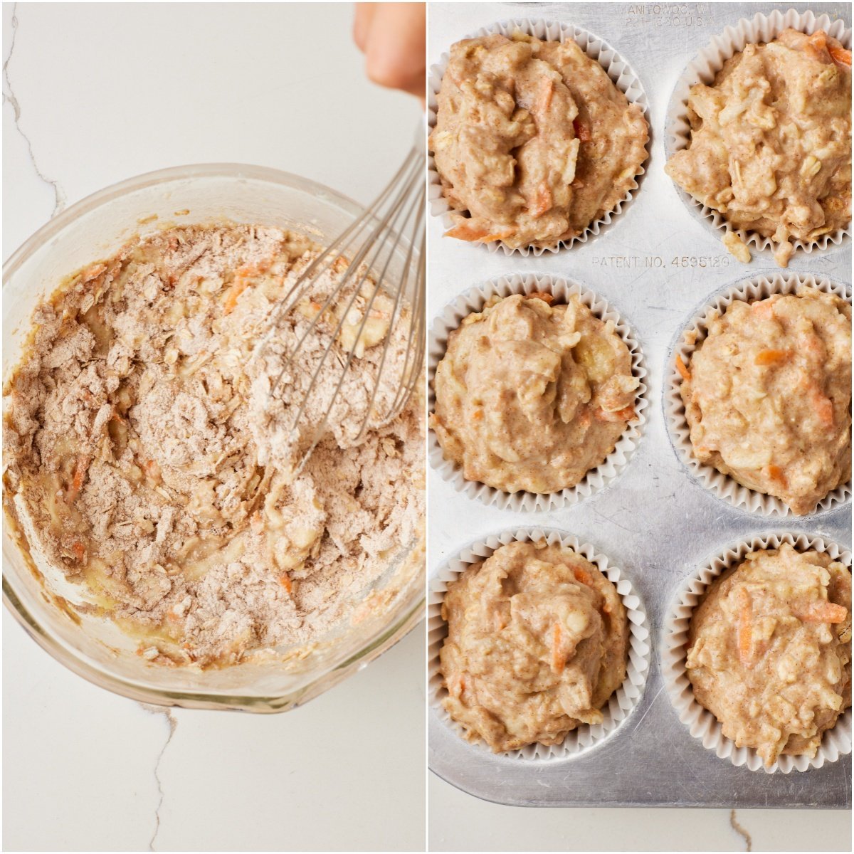 Combine wet and dry ingredients until just combined, then divide equally among the prepared muffin cups