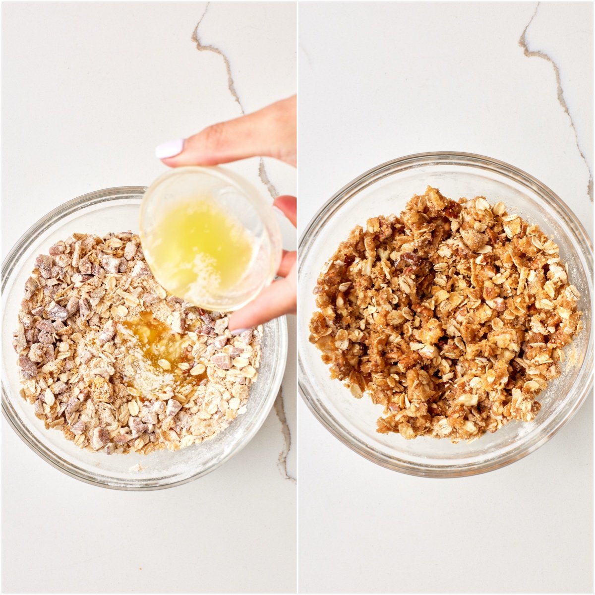Mix dry ingredients and add butter until they clump together. 