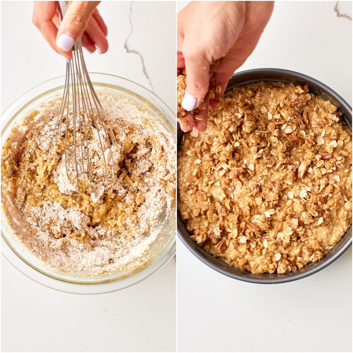 Combine the wet and dry ingredients together and sprinkle over the cake batter. 