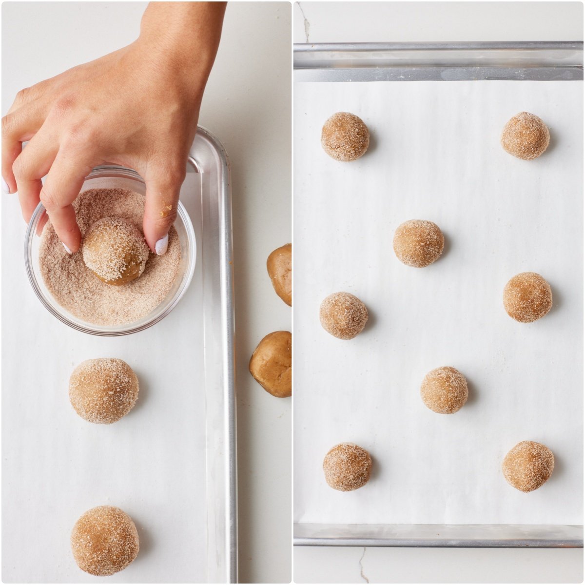 Coat the dough in cinnamon sugar: Roll each portion into a ball, roll in the cinnamon sugar and then place about 2 inches (5 cm) apart on the prepared baking sheets.