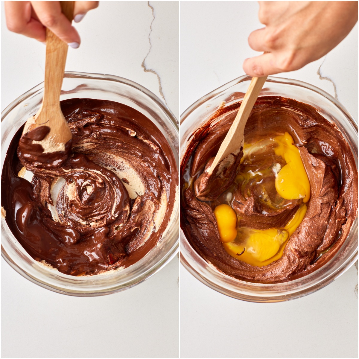 Stir the molasses and the cooled chocolate, followed by the eggs, one at a time.