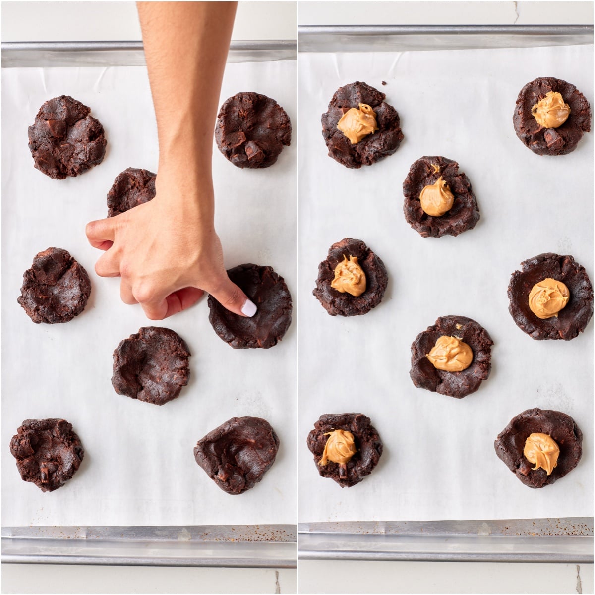 Add filling of the peanut butter stuffed cookies: make an indent and add scooped peanut butter in. 