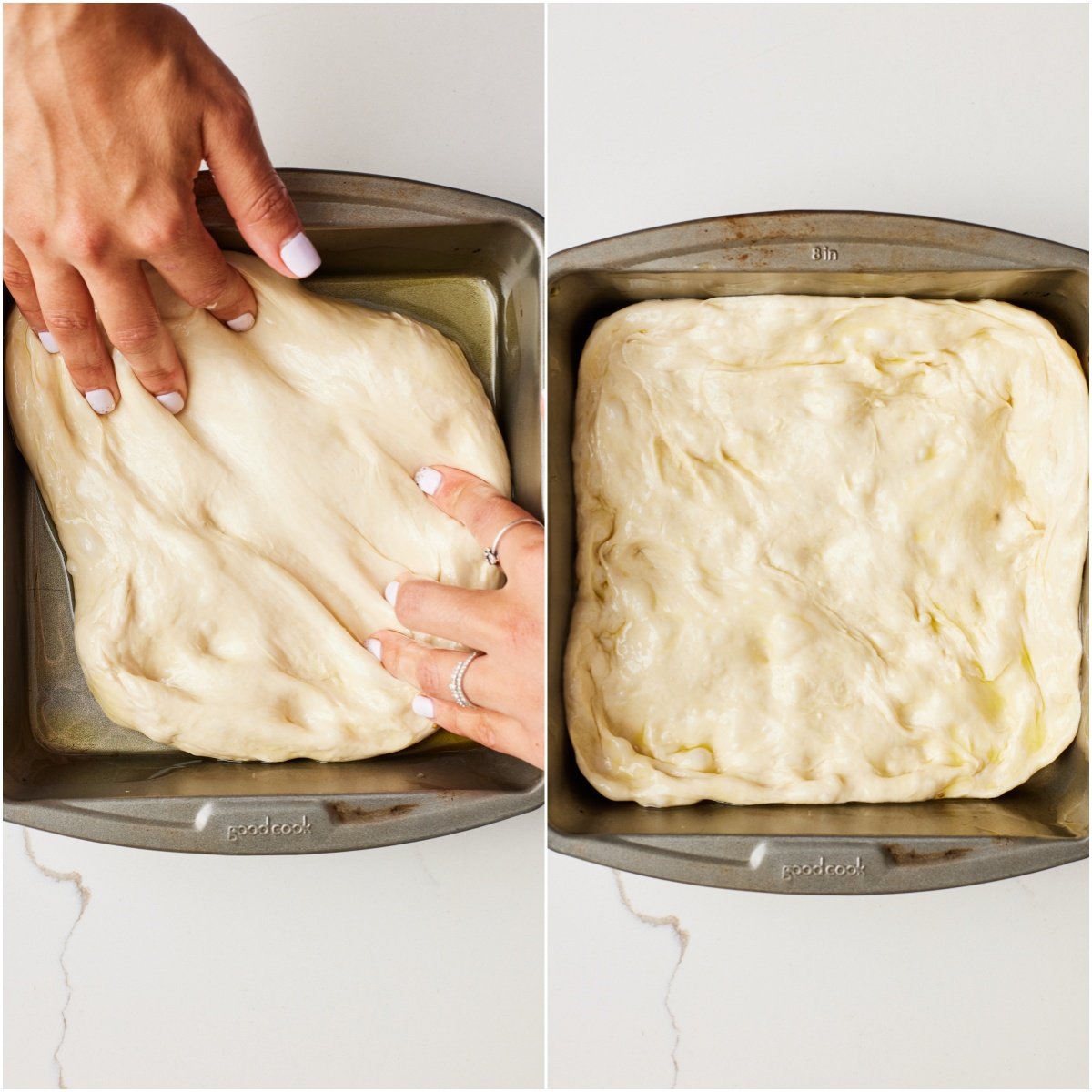 Step-by-step instructions on how to make pizza dough focaccia: stretch the dough in the prepared to corners. 