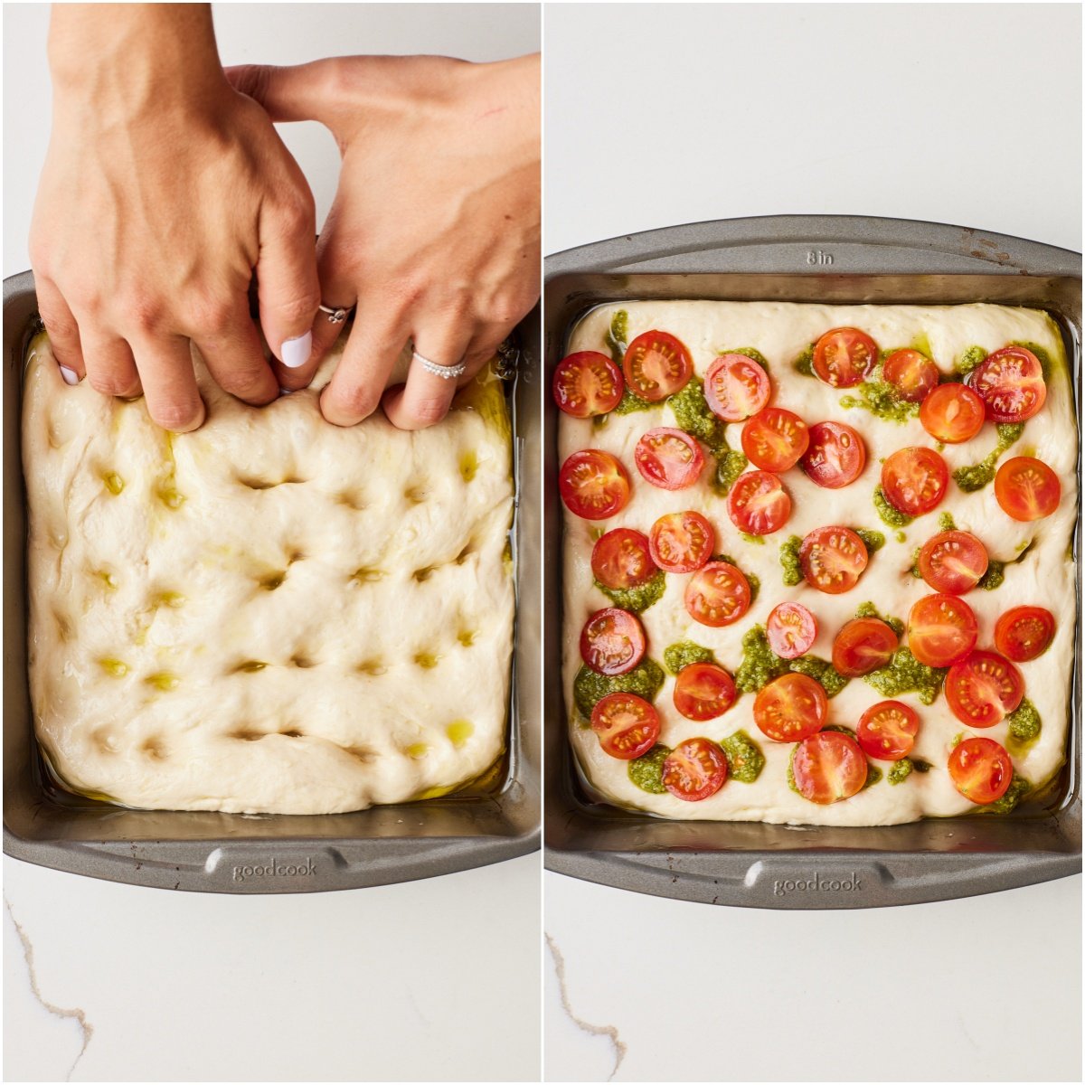 Use your fingertips to make dimples. Sprinkle it with the cherry tomatoes and dollop with pesto.