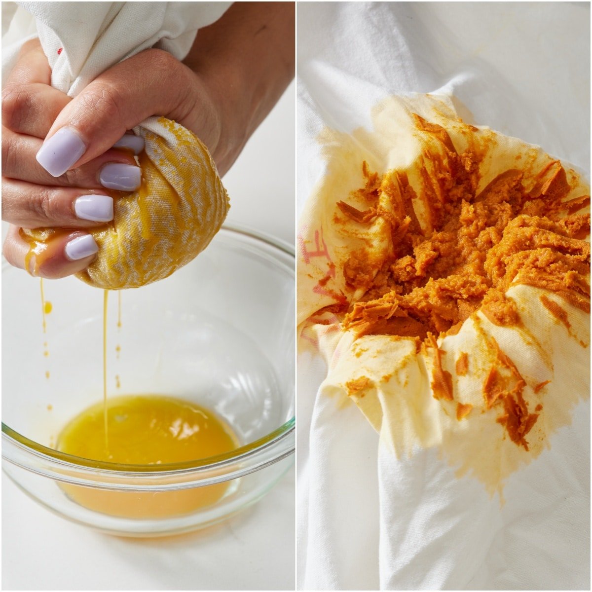 Step-by-step instructions on how to make Pumpkin Blondies : wire out the puree to remove excess water with a cheese cloth. 
