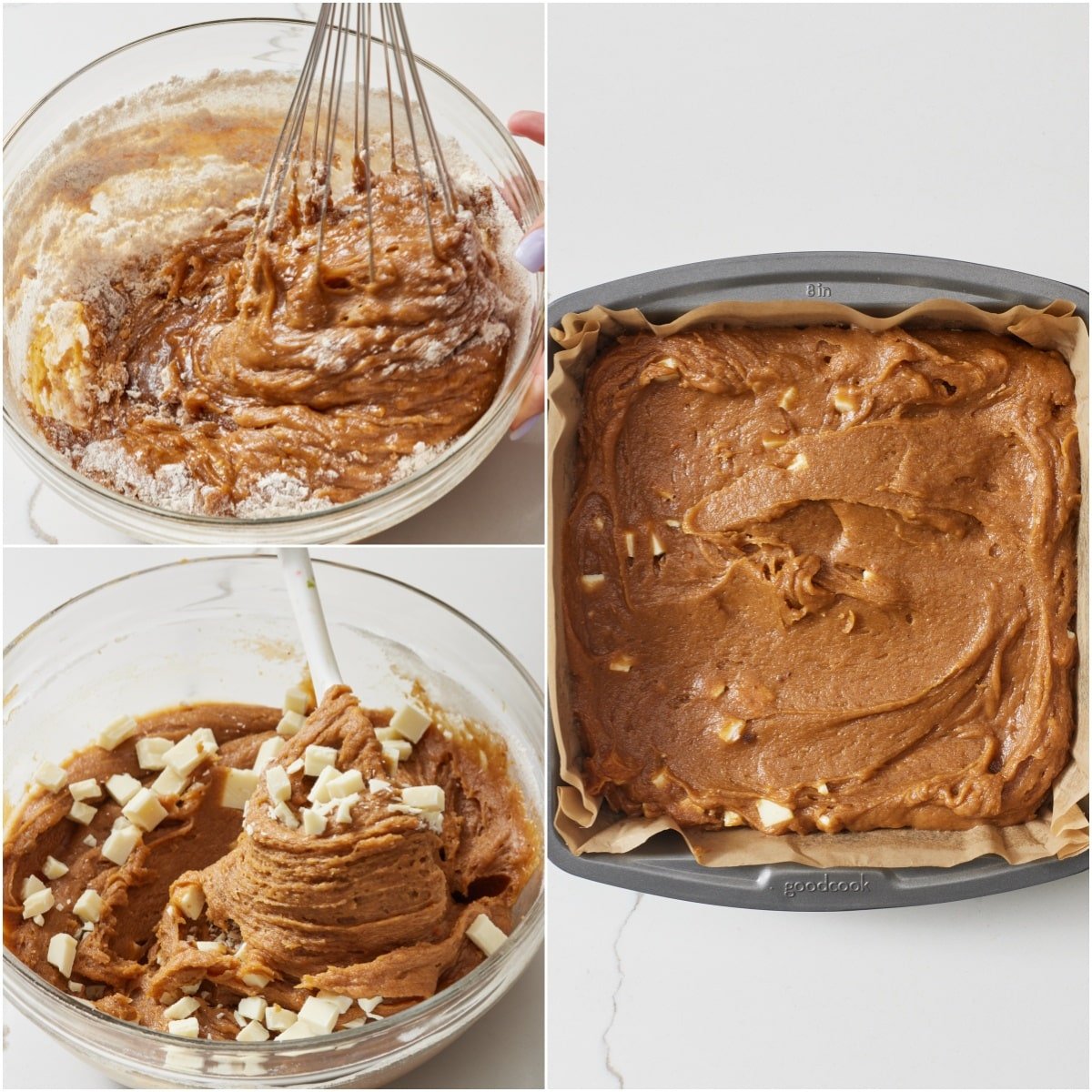 Combine wet and dry ingredients and fold in white chocolate. Spread batter into the prepared pan. 