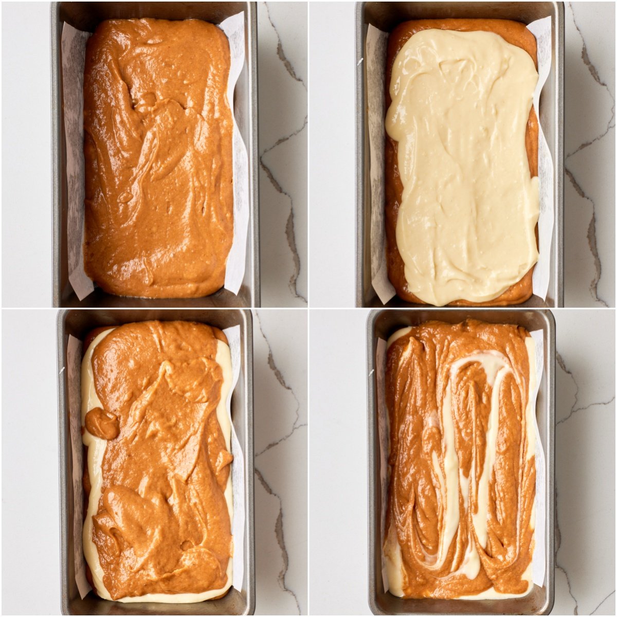 Layer the batter and filling: Zig zag a thin knife once through the loaf to swirl in the filling.