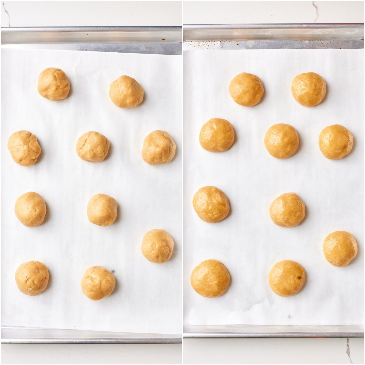Divide the dough and shape into balls. Lay them on the parchment-lined tray. 
