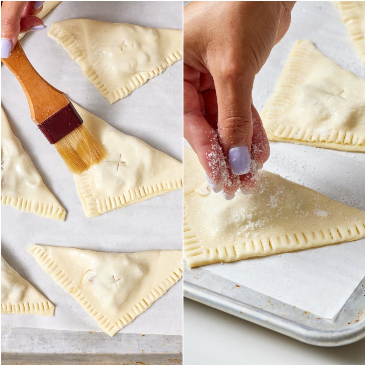 Brush the tops of the pastries with a little water, then sprinkle generously with the granulated sugar.
