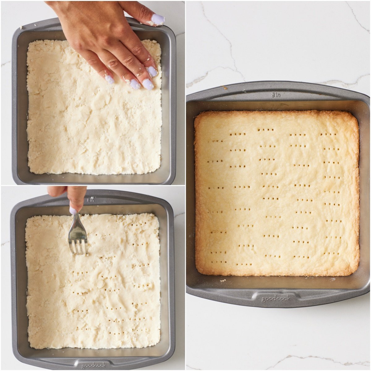 Press her dough into the pan and bake until pale golden.