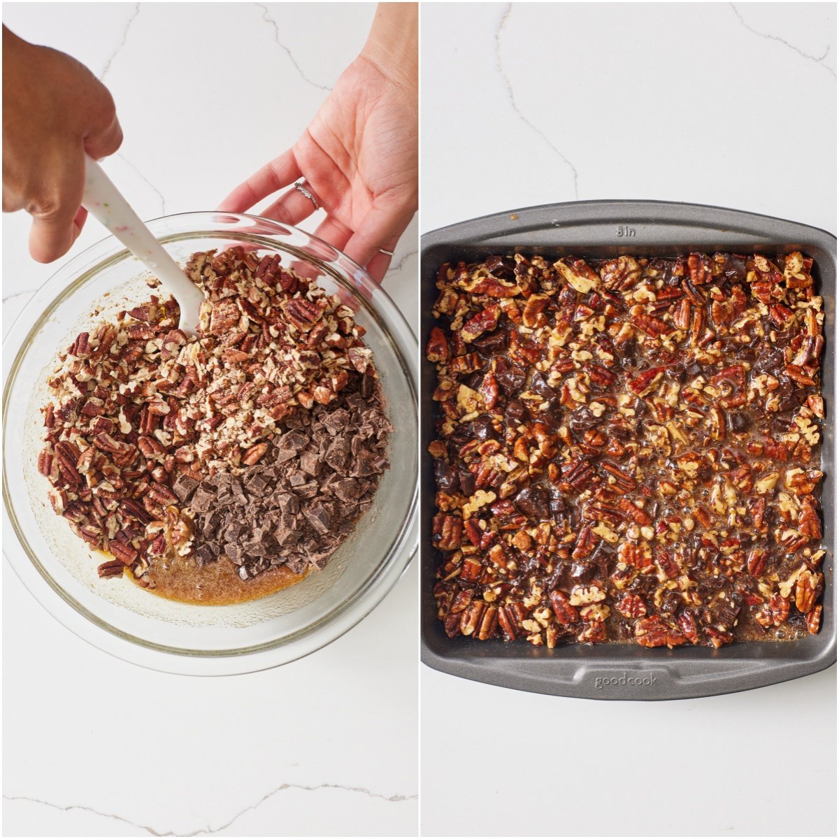 Add nuts and chocolate and pour it over the assembled crust. 
