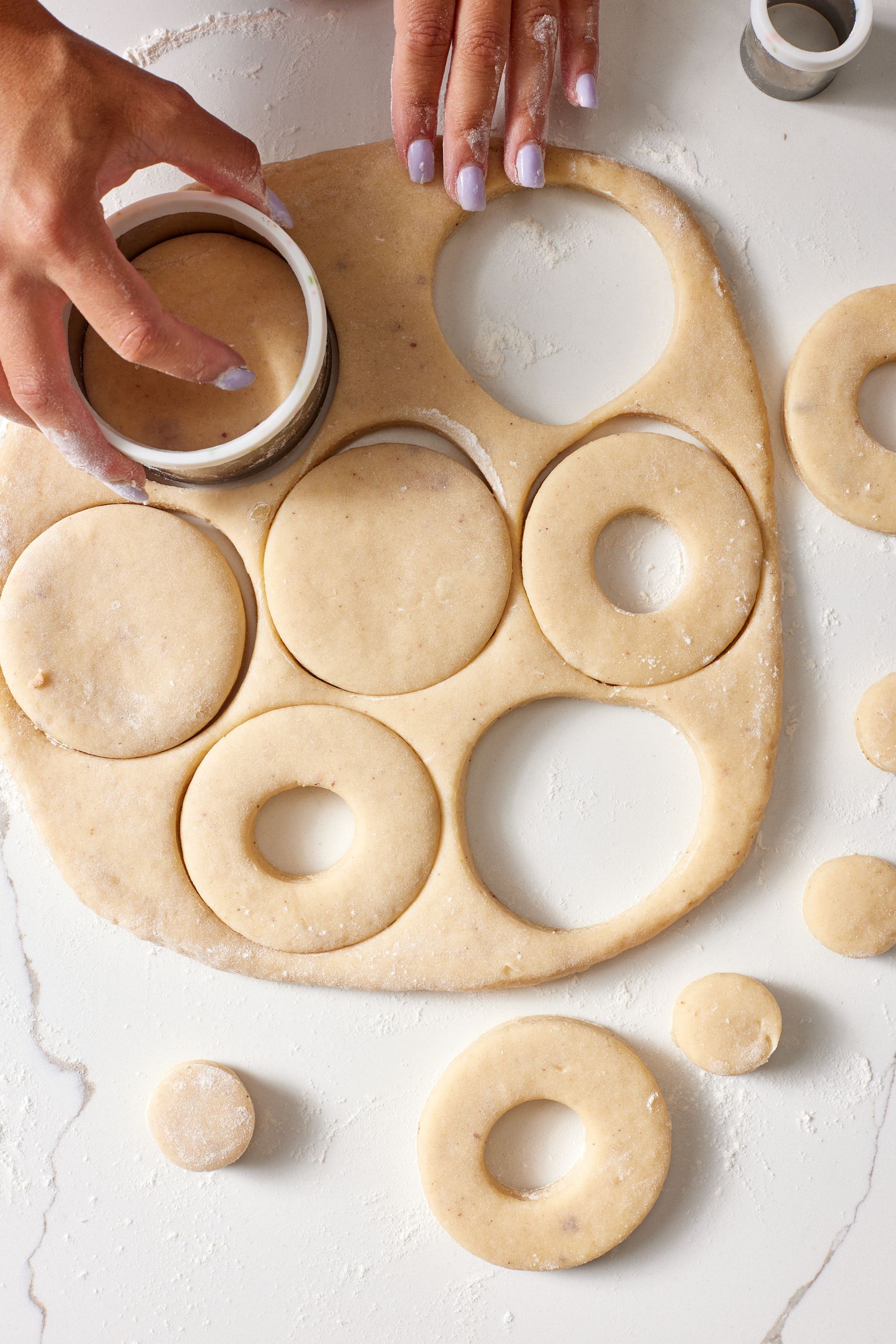 Cut with donut cutter.