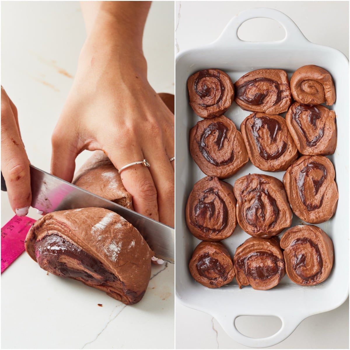 Cut the rolled-up dough and arrange all in the prepared pan. 