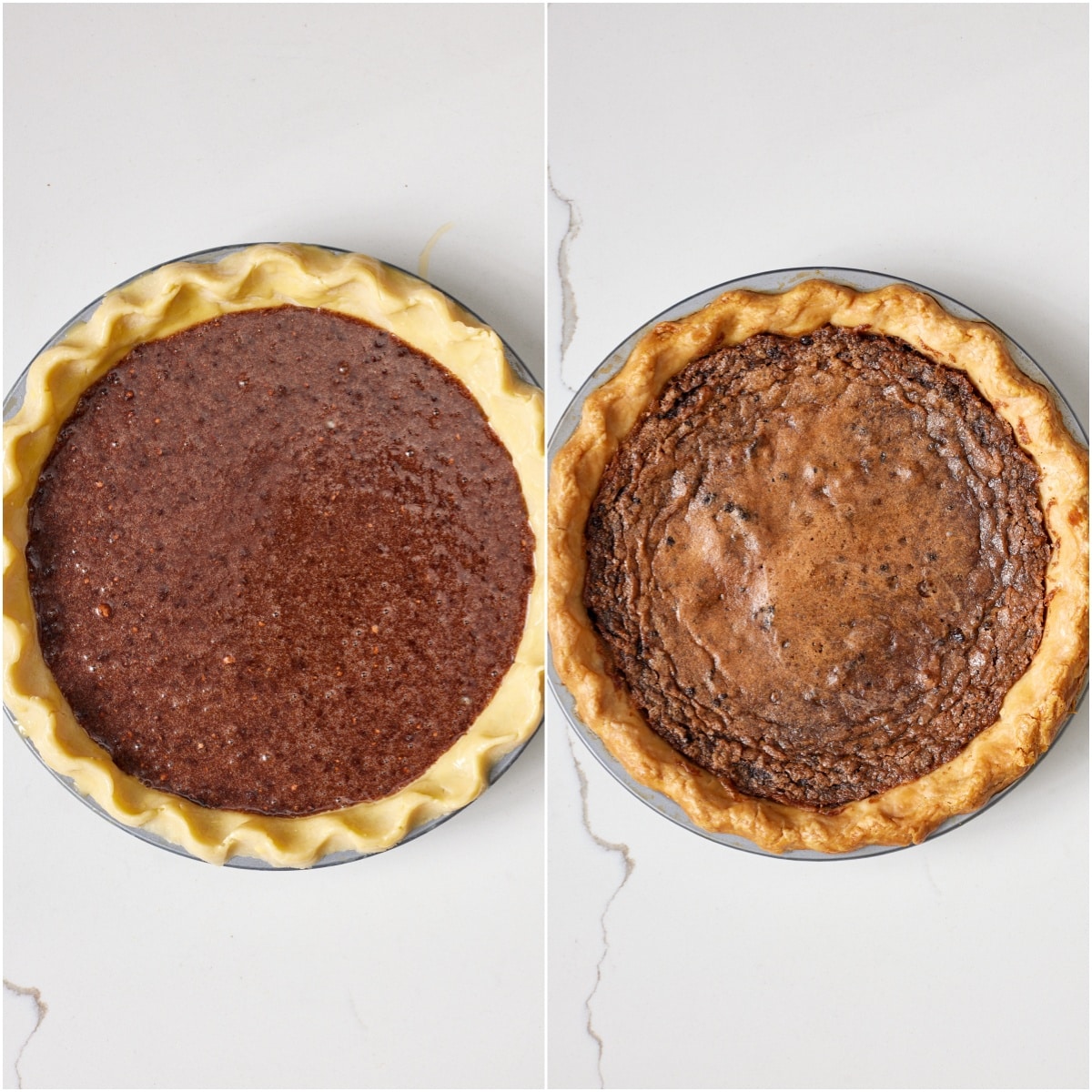 Chocolate Chess Pie 5 Pour the filling into the frozen crust and bake the pie until the filling has puffed but the center still jiggles slightly.
