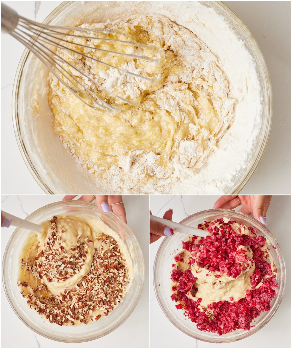 In a separate medium bowl, combine the flour, baking powder, and salt. Fold the flour mixture into the wet ingredients until just combined, then mix in the cranberries and pecans. 