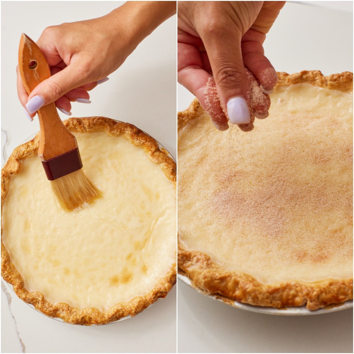 Sugar Cream Pie 12 Brush the melted butter over the custard, then sprinkle all over with the cinnamon sugar.