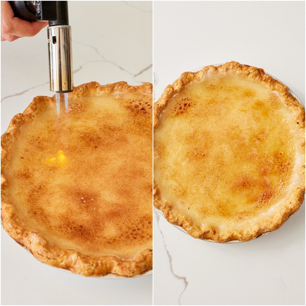 Sugar Cream Pie 13 Use a kitchen torch to brûlée the topping until it is caramelized.