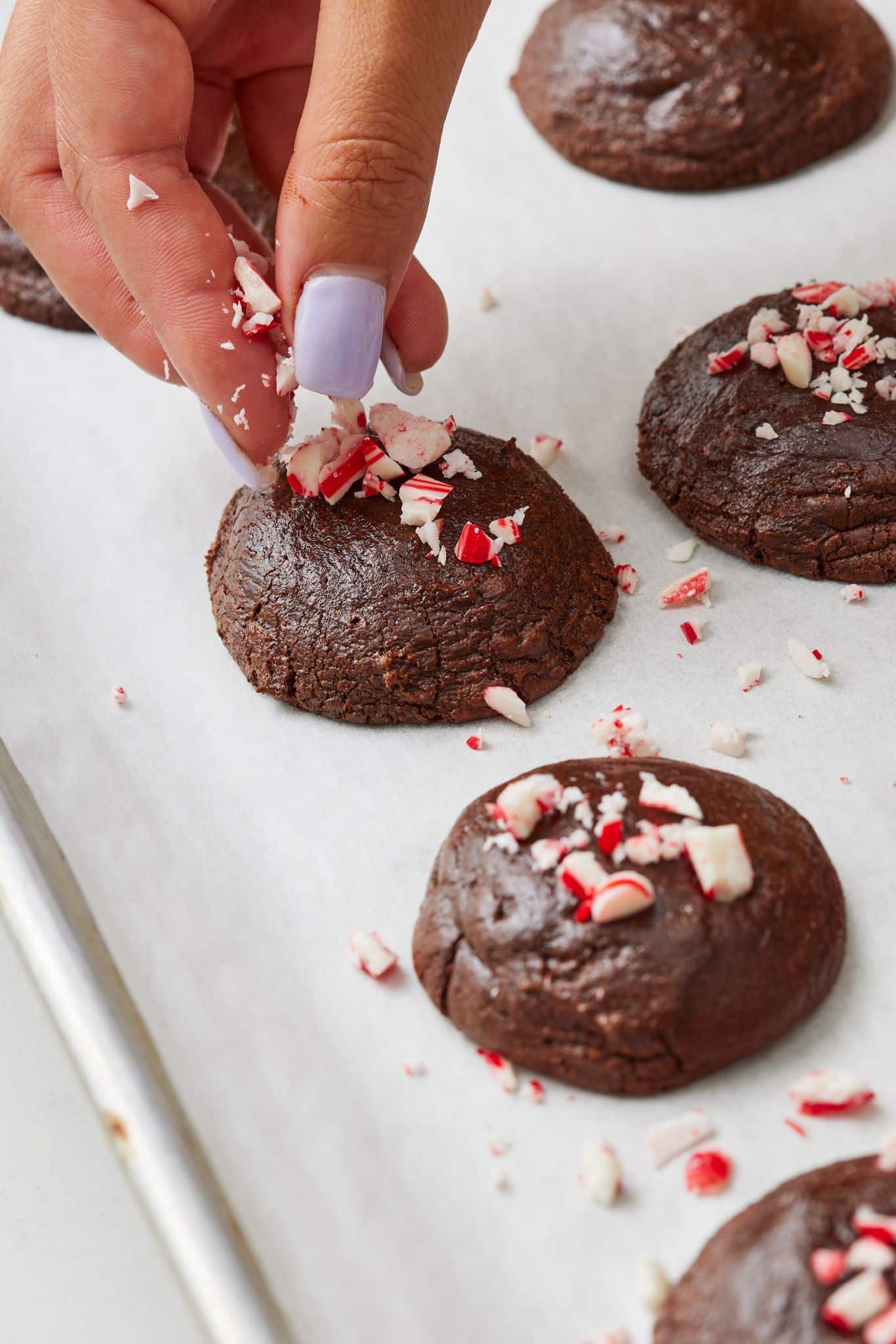 Bake for 8 minutes first then sprinkle crushed peppermint candies and bake until the center just set.