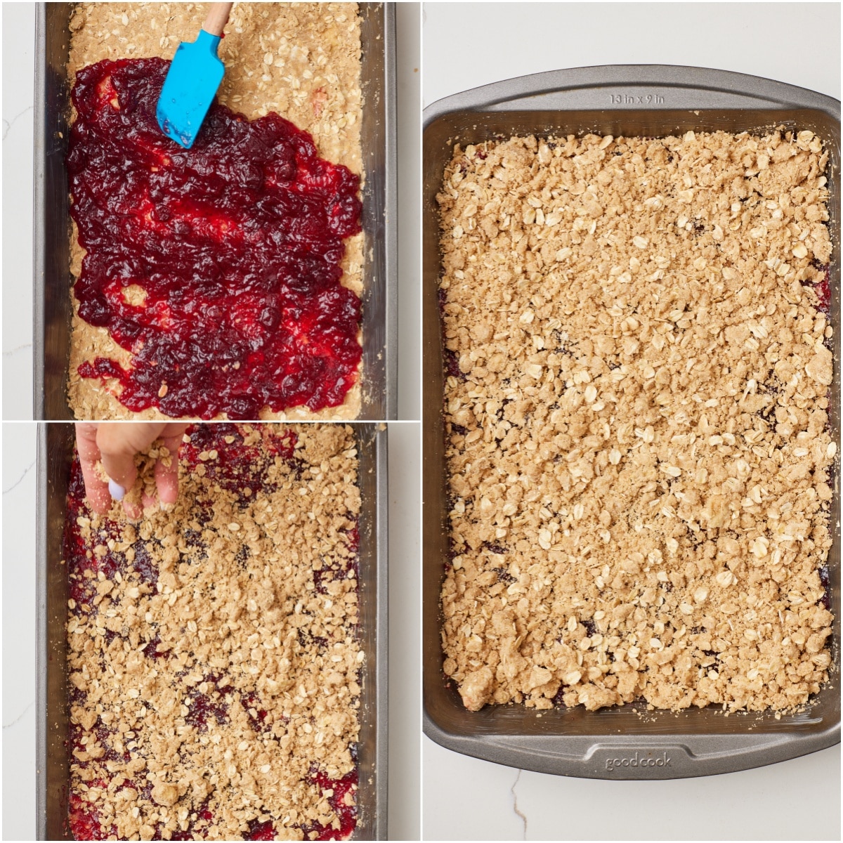 Layer cranberry sauce and topping. 