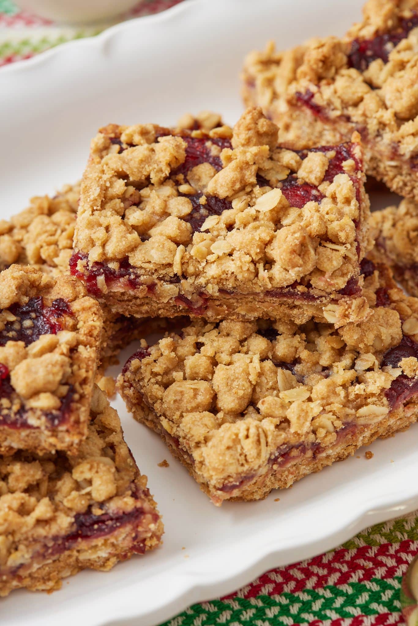 Cut Cranberry Oatmeal Bars on a platter. 