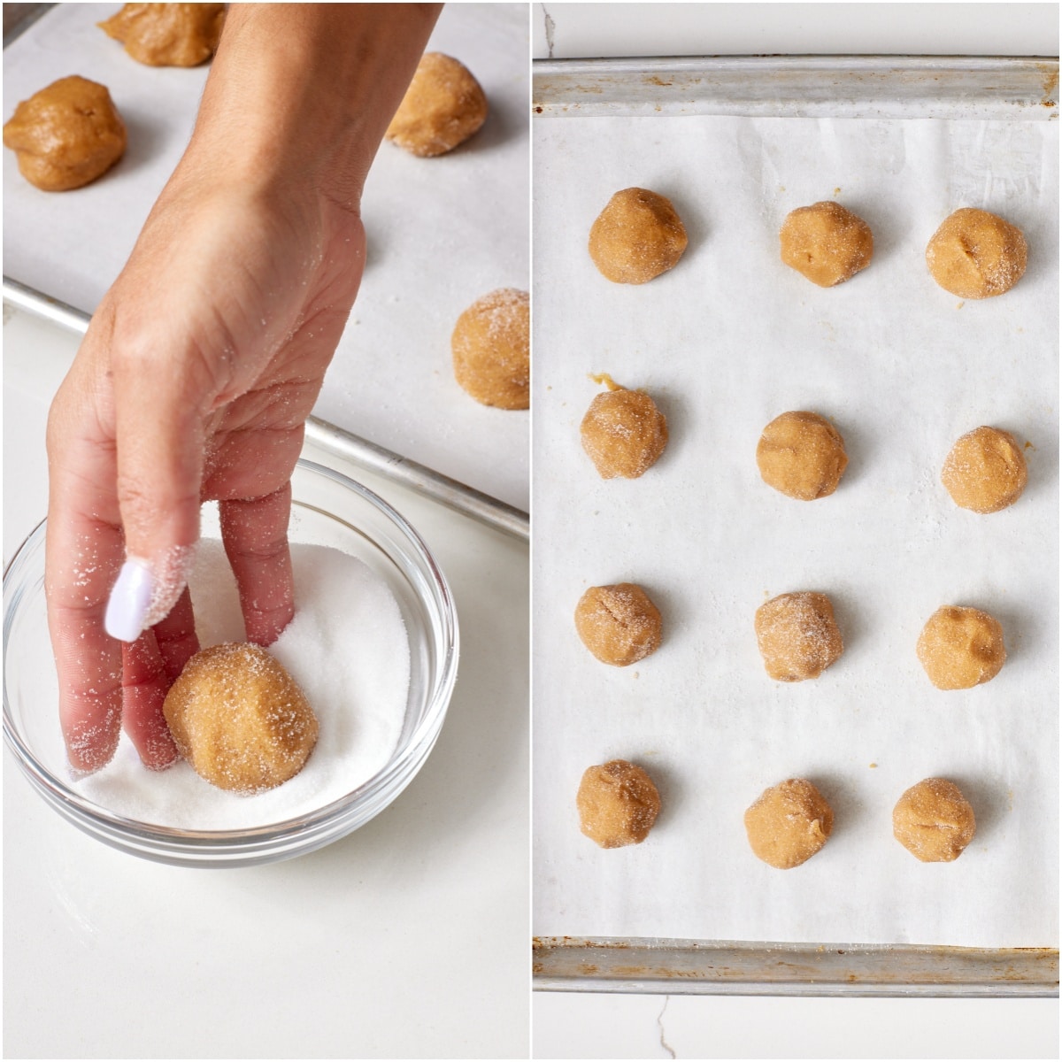 Roll dough and sugar: Roll each portion into a ball, then roll in the sugar and arrange 2 inches (5 cm) apart on the prepared baking sheets.
