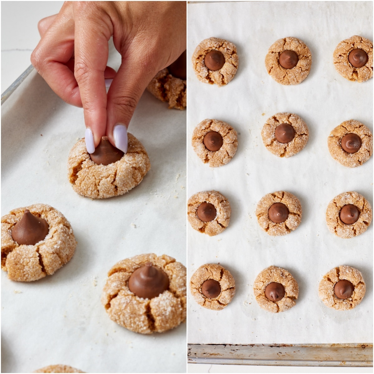 Remove from the oven and immediately press a Hershey's Kiss into the center of each cookie. Let set and cool completely on the baking sheets.