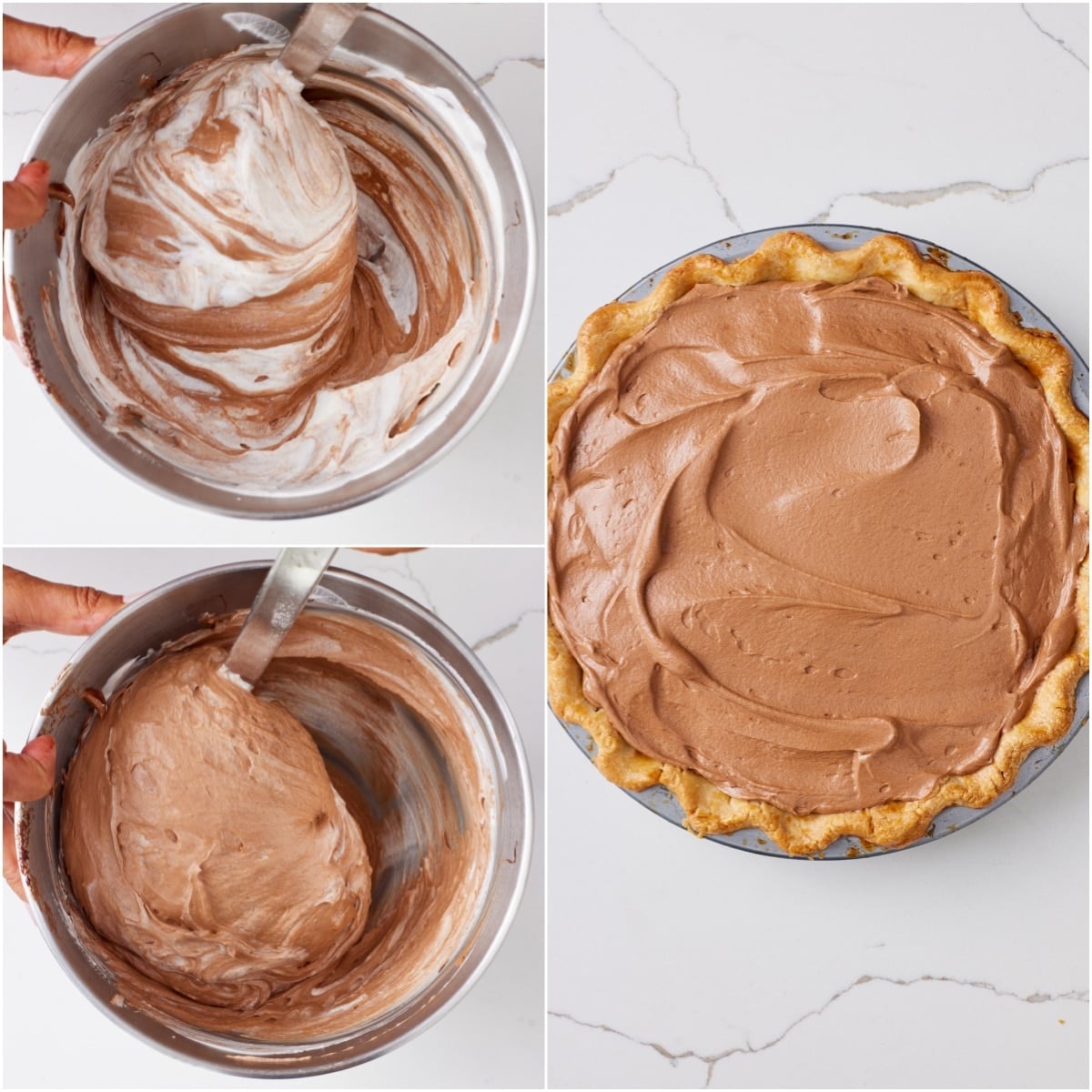 Using a thin-edged metal spoon to fold the chocolate mixture in the whipped cream . Then pour in the pie crust. 