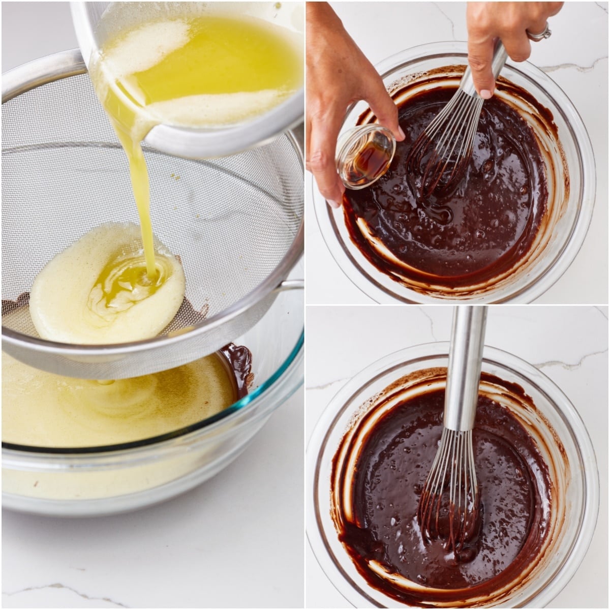Pass the egg mixture through a fine sieve placed over the bowl of chocolate. Add in the vanilla and briefly stir the chocolate mix to combine. 
