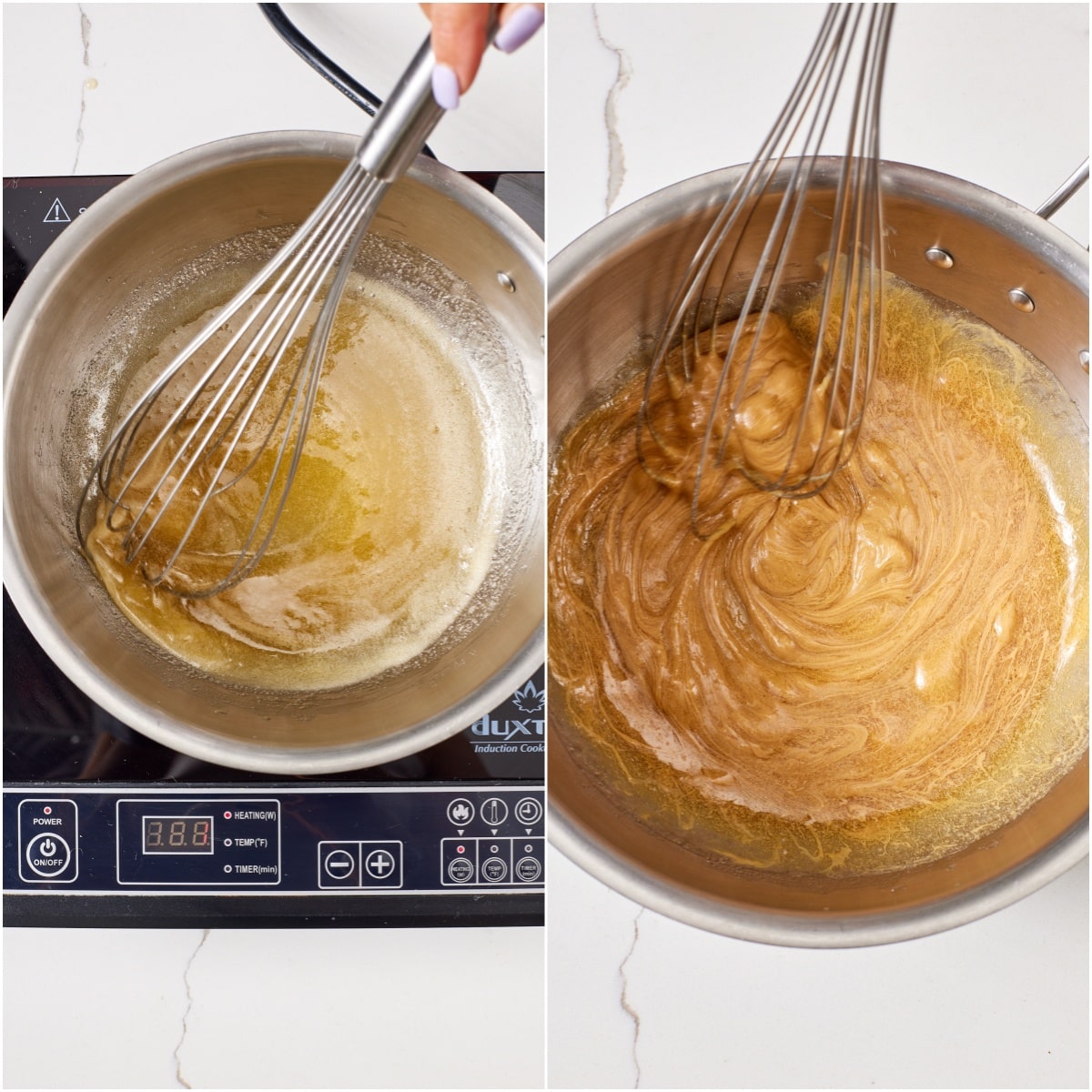 In a medium heavy saucepan, bring the honey and sugar to a gentle simmer until the sugar dissolves,