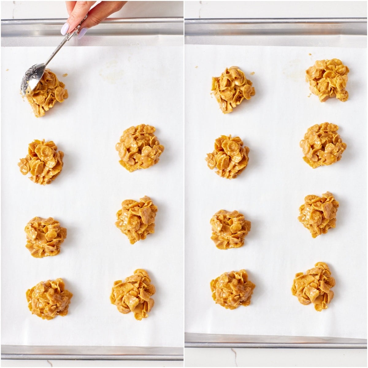 Portion out: Drop by heaping tablespoonfuls onto the prepared sheet pan and let set for about 30 minutes.