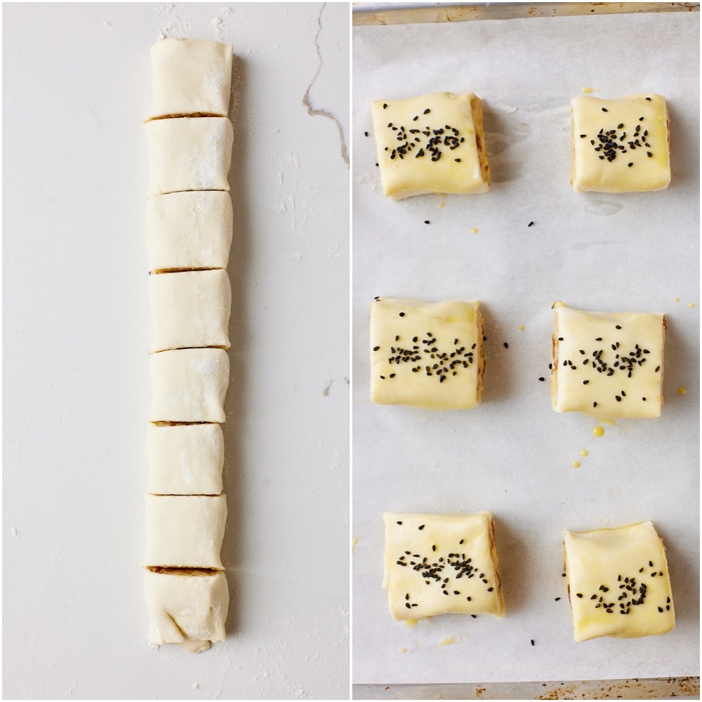 Chees and Onion Rolls step11 Cut each pastry log into about 8 equal rolls and arrange, seam-side down, on the lined baking tray.