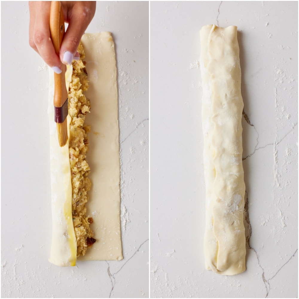 Cheese and Onion Rolls step10 Brush some egg wash along the edges of the pastry, then wrap the long edges over the filling, overlapping the seam to seal.