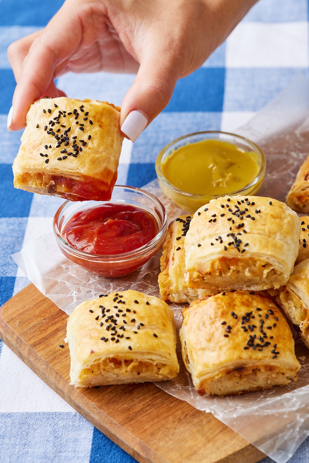 Cheese and Onion Rolls17 Cheese and Onion Rolls served with ketchup and Dijon mustard.