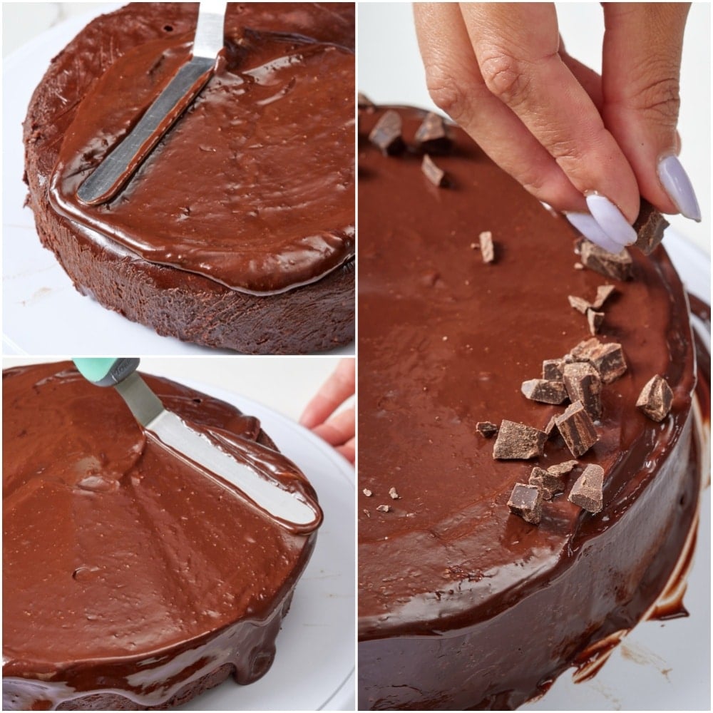 Chocolate Biscuit Cake step10 Coat the cake with ganache then sprinkle chopped chocolate on the edge.