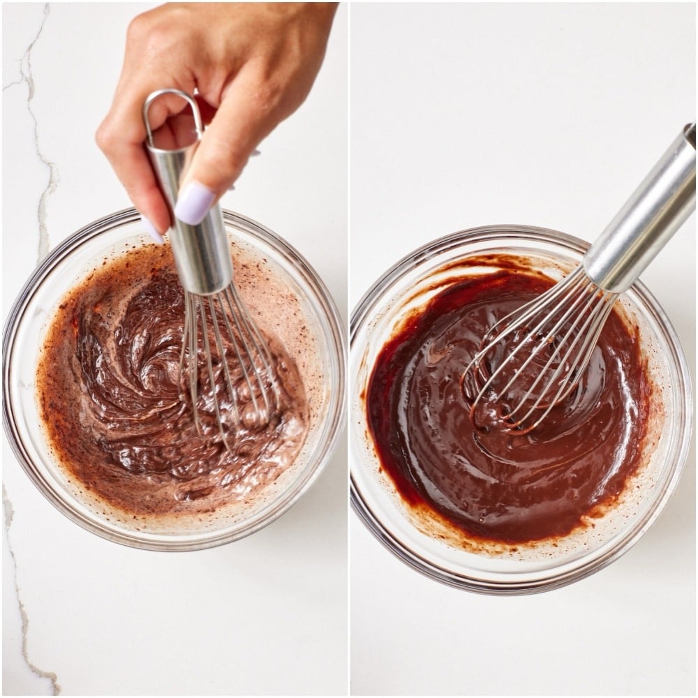 Chocolate Biscuit Cake step8 Whisk the heated chocolate and cream until smooth.