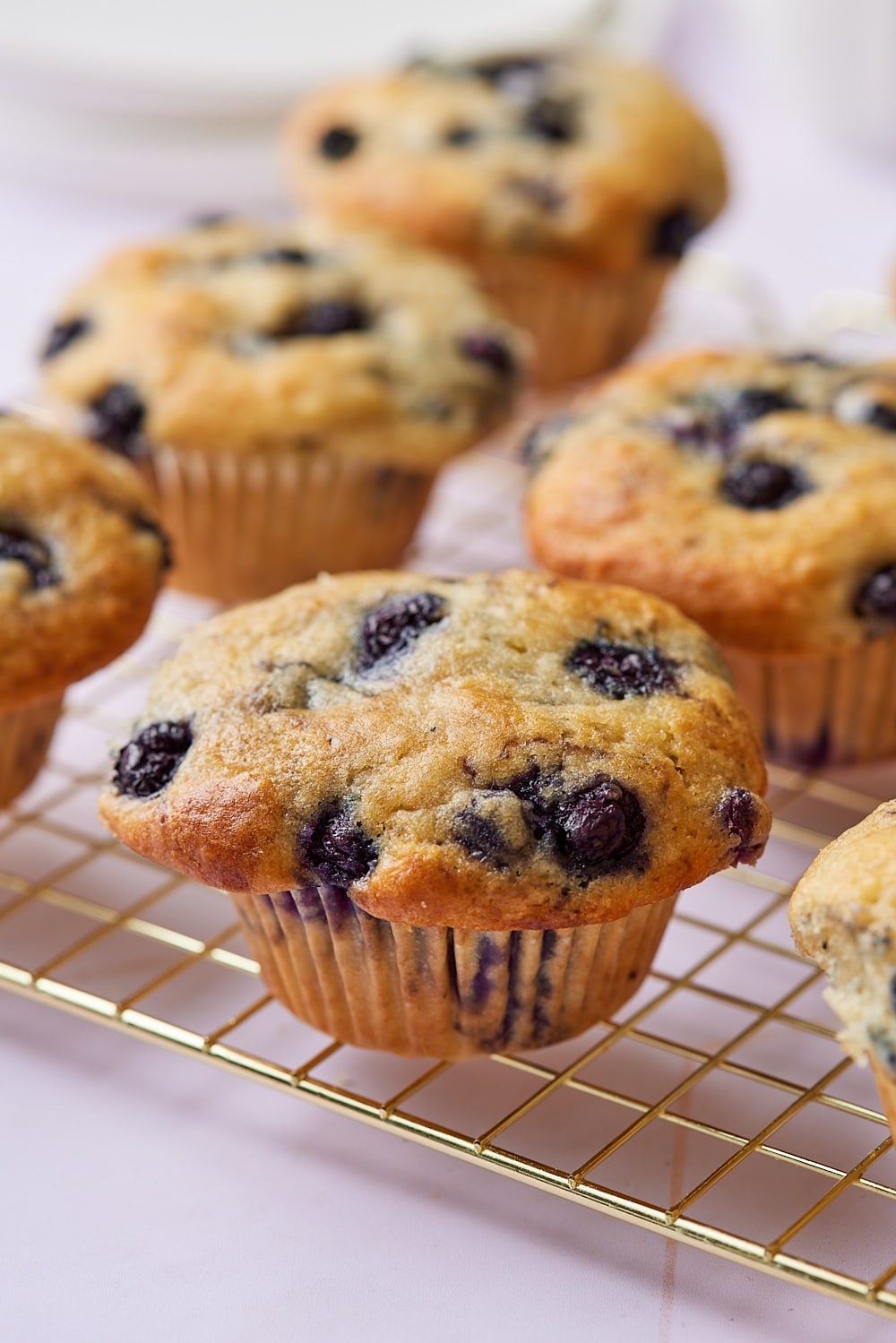Sourdough Blueberry Muffins7 Golden Sourdough Blueberry Muffins on the wire rack.
